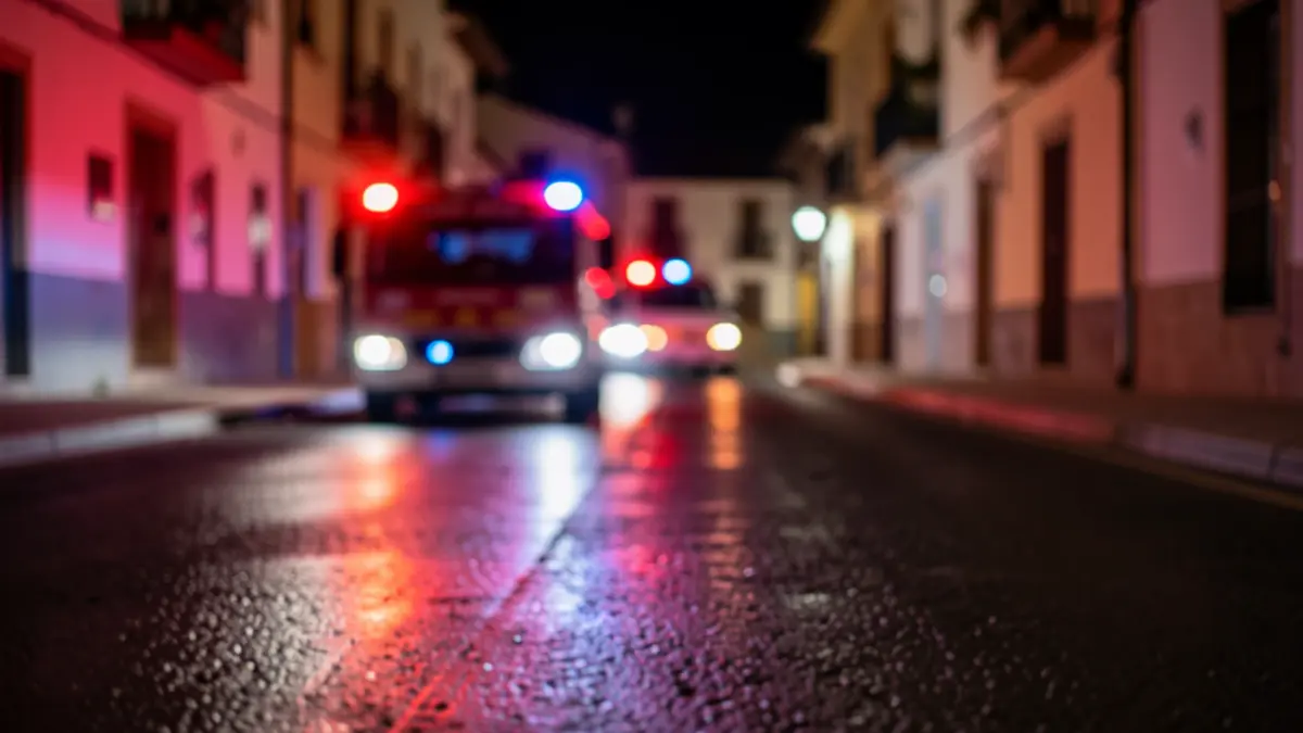 Emergency lights reflecting on wet asphalt at night, symbolizing a fire response.