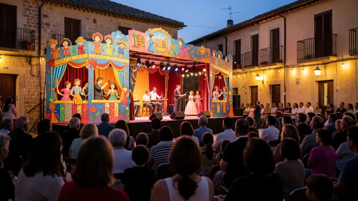 Outdoor stage with puppet decorations and blurred audience in Fuenlabrada.