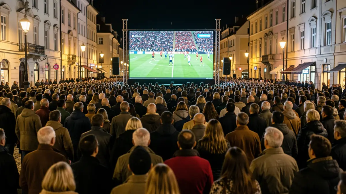 Imagen genérica de una multitud viendo un partido de fútbol en una pantalla gigante en una plaza por la noche.