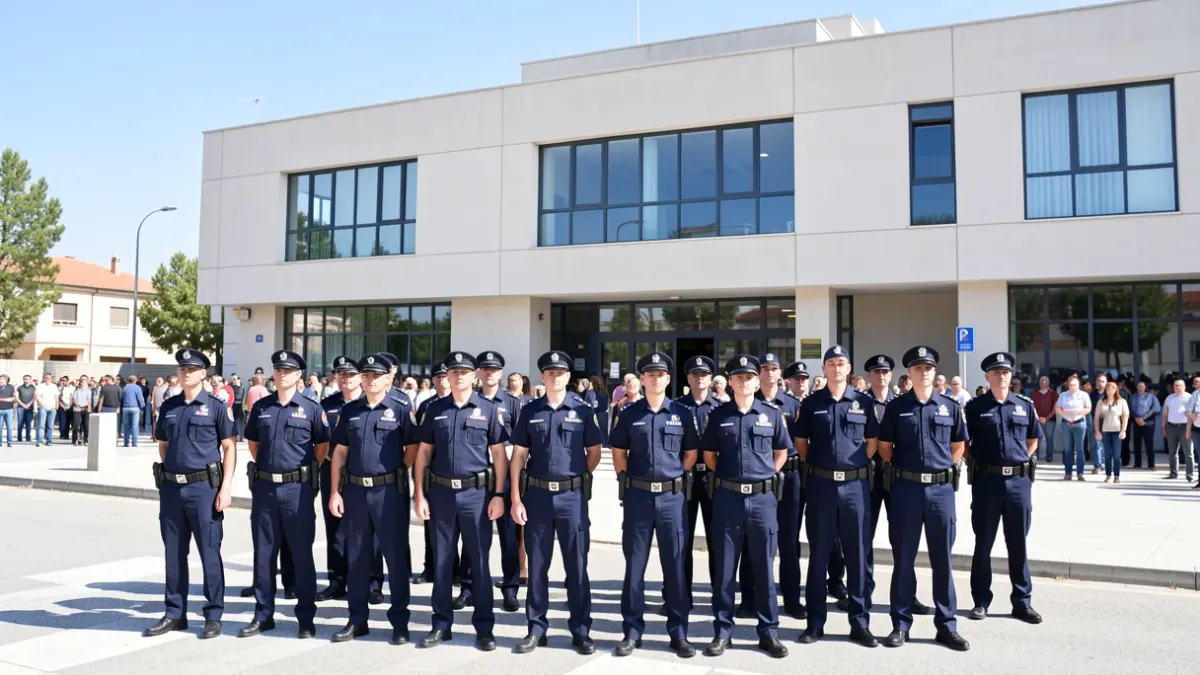 Imagen de nuevos agentes de la Policía Local de Fuenlabrada en formación frente al ayuntamiento.
