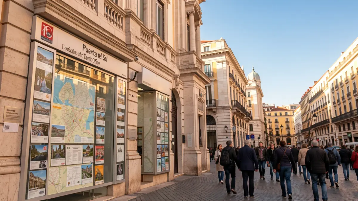 Puerta del Sol Tourist Office in Madrid displaying promotional material from Galapagar.