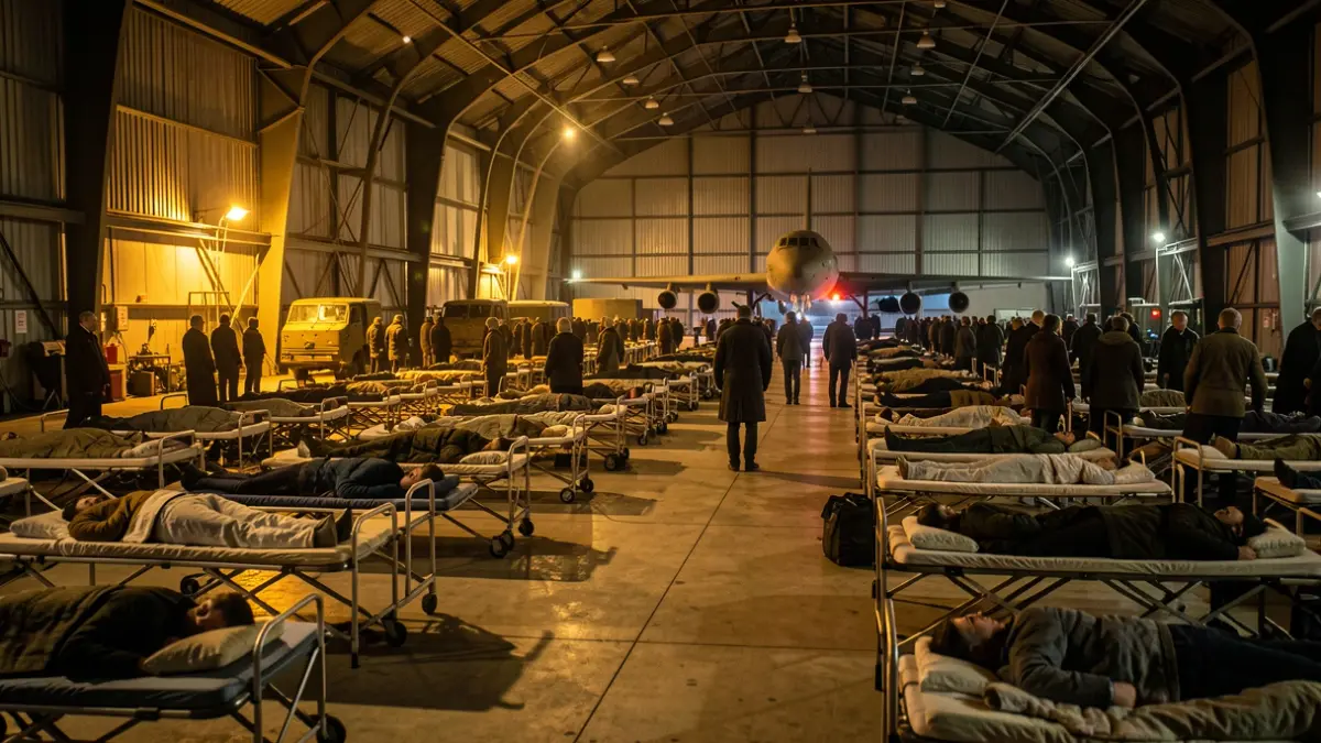 Interior de un hangar militar con camas temporales para personas evacuadas por incendios.