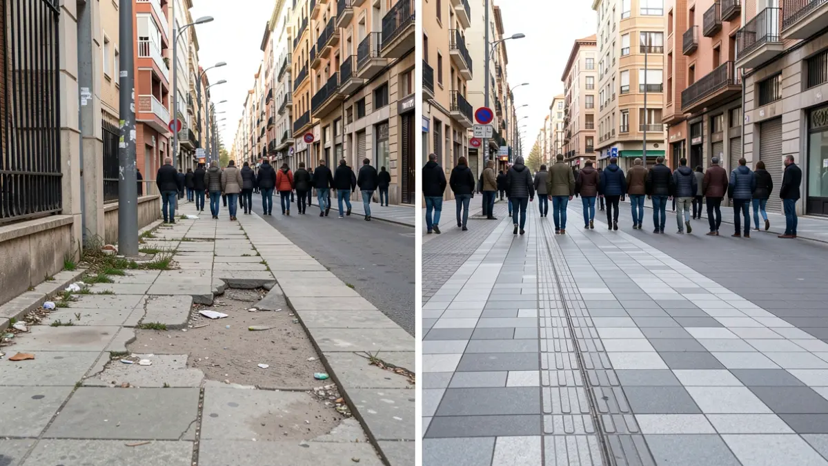 Imagen de una calle dividida entre un tramo en mal estado y otro acondicionado, representando la frontera entre Getafe y Leganés.