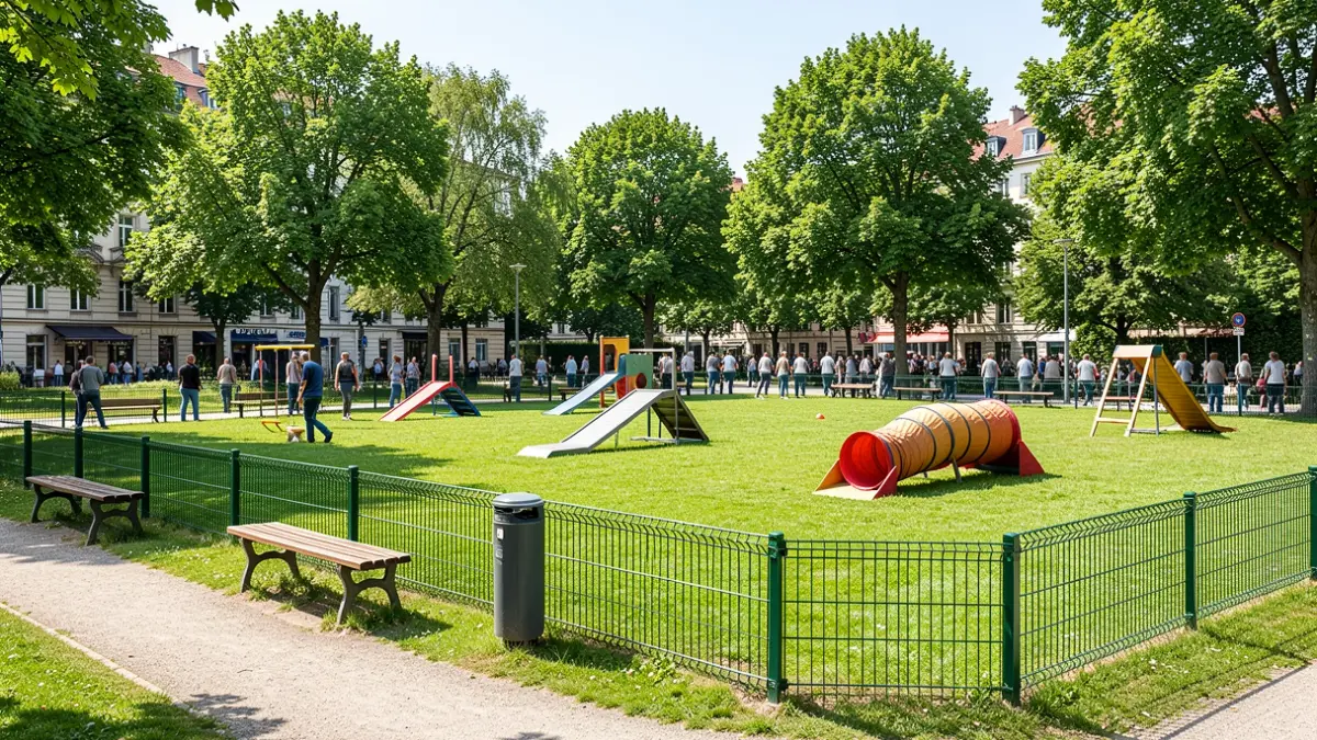 Imagen genérica de un área canina urbana con equipamiento de agilidad.