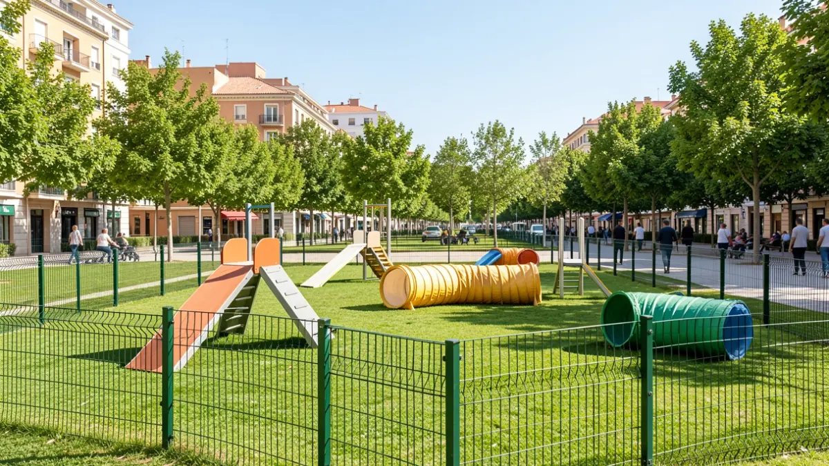 Imagen genérica de un área canina urbana con equipamiento de agility.