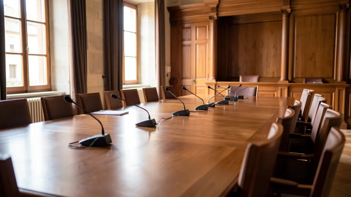 Meeting room in a Spanish town hall with table, microphones, and chairs.