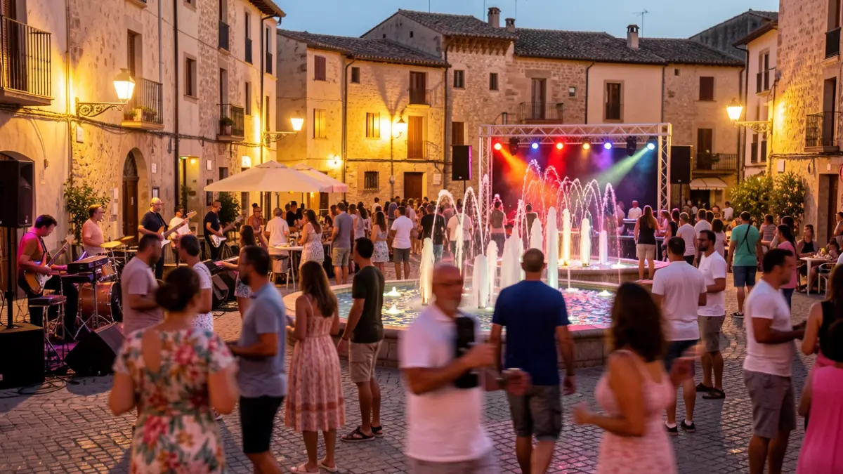 Imagen genérica de un festival de verano al anochecer en una plaza española con gente disfrutando de música y juegos de agua.