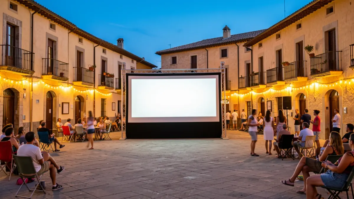 Generic image of a Spanish town square with a summer cinema screen at dusk.