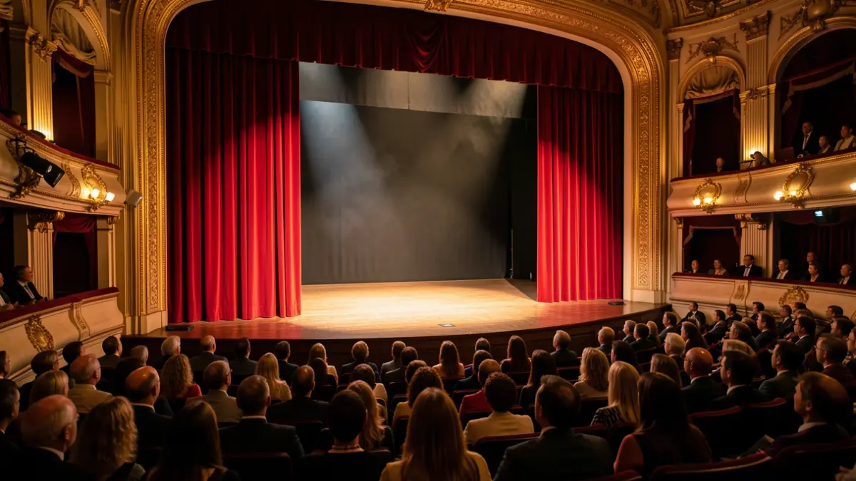 Escena de un teatro con cortinas rojas y un foco de luz.