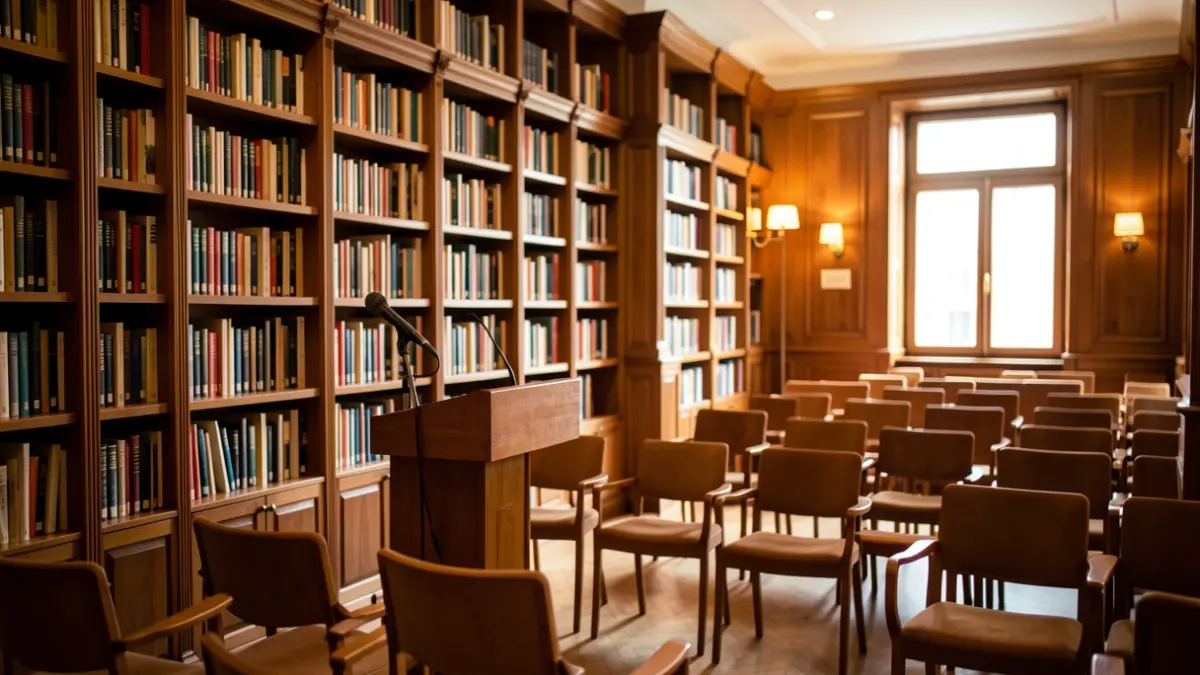 Generic image of a cultural space with chairs and a microphone.