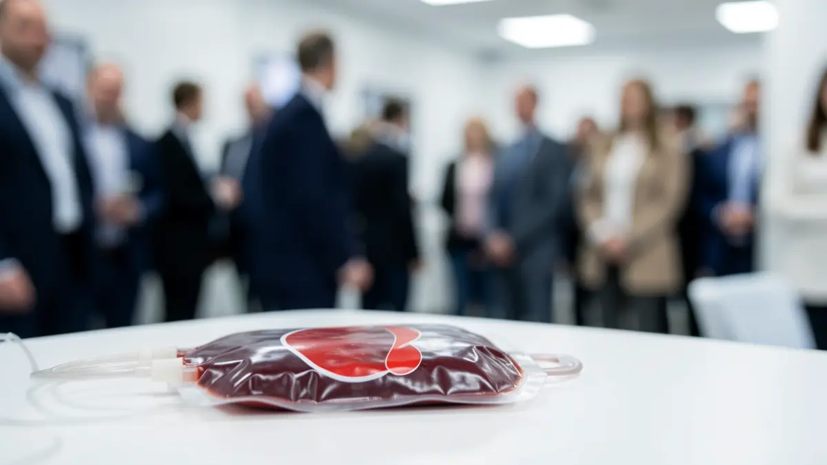 Bolsa de sangre con símbolo de gota roja sobre superficie estéril.