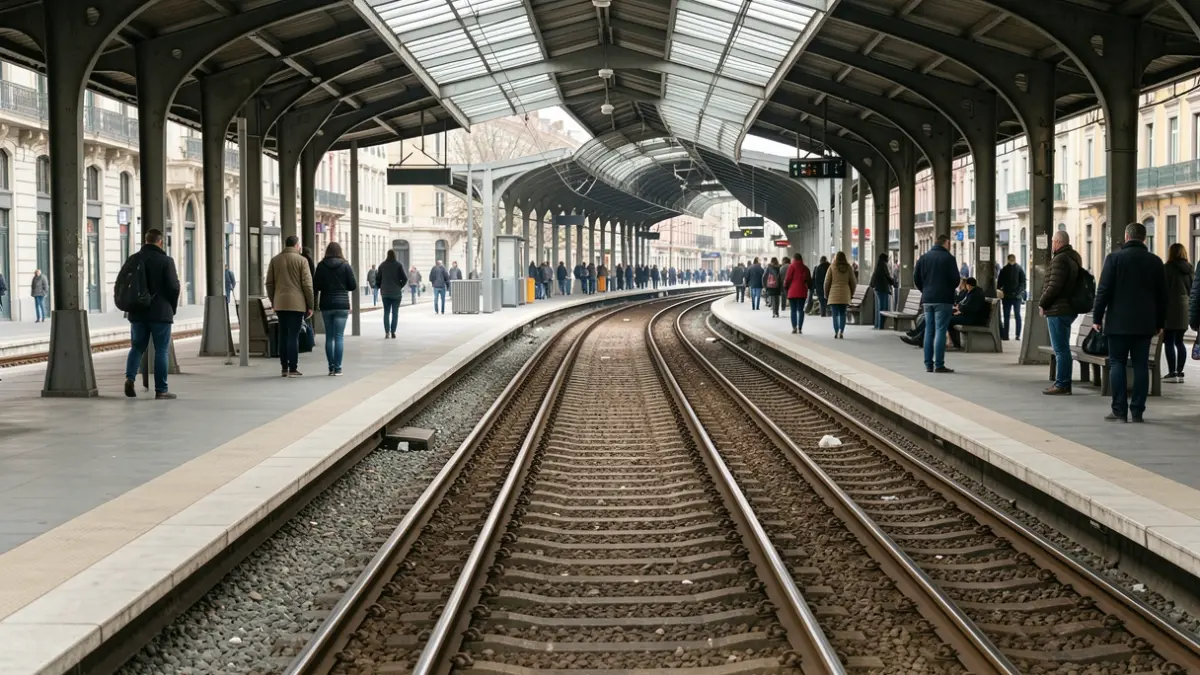 Generic image of an empty Cercanías Madrid platform with tracks disappearing into the distance.