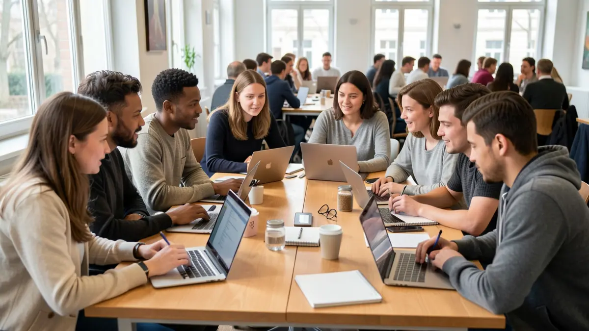 Generic image of a diverse group of people collaborating on an educational project with technology.