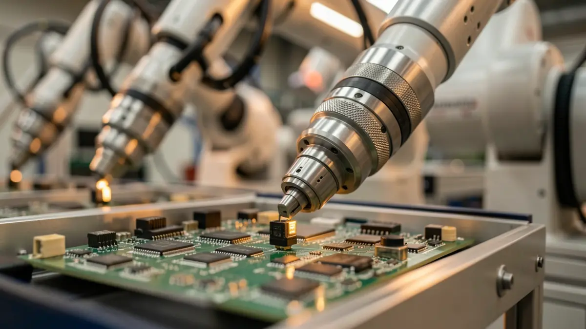 Brazo robótico trabajando en una línea de producción automatizada.