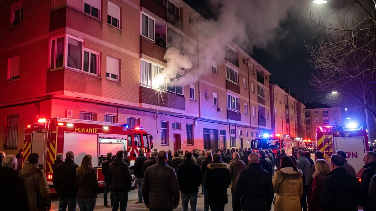 Imagen de un edificio de viviendas en Fuenlabrada por la noche, con humo saliendo de una ventana y luces de emergencia de bomberos.