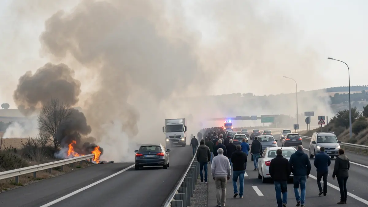 Image of dense smoke from a roadside fire on the A-6 highway near Torrelodones, complicating traffic.