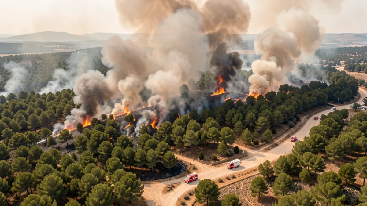 Vista aérea de un gran incendio forestal en la Sierra Oeste de Madrid, con columnas de humo y vehículos de emergencia.