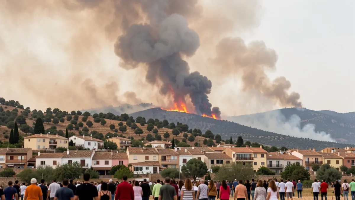 Image of an active wildfire in the Sierra Oeste of Madrid, with smoke visible and the fire approaching a town.