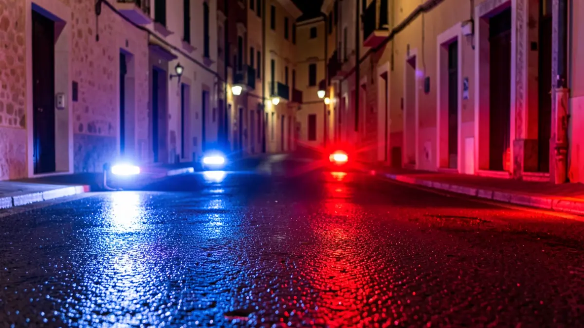 Imagen genérica de luces de emergencia reflejadas en el asfalto durante la noche.