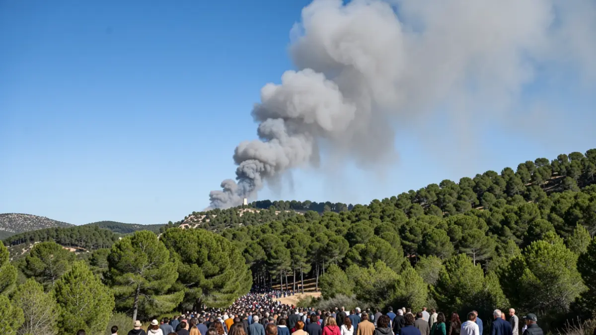 Imagen genérica de una columna de humo elevándose sobre una ladera de bosque de pinos.