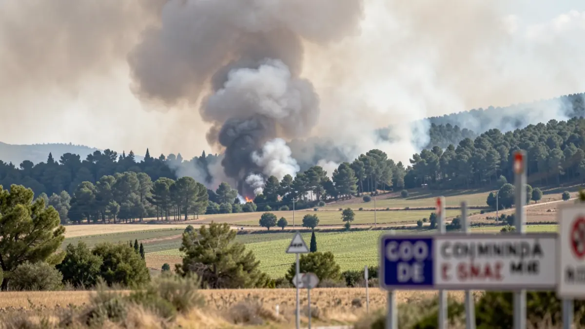 Generic image of forest fire smoke over a rural landscape with blurred road signs indicating closures.