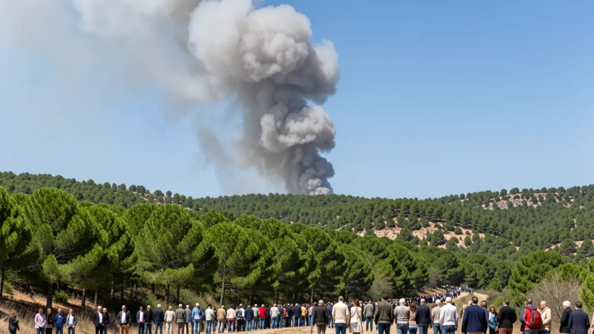 Column of smoke over a forest in the Sierra Oeste of Madrid.