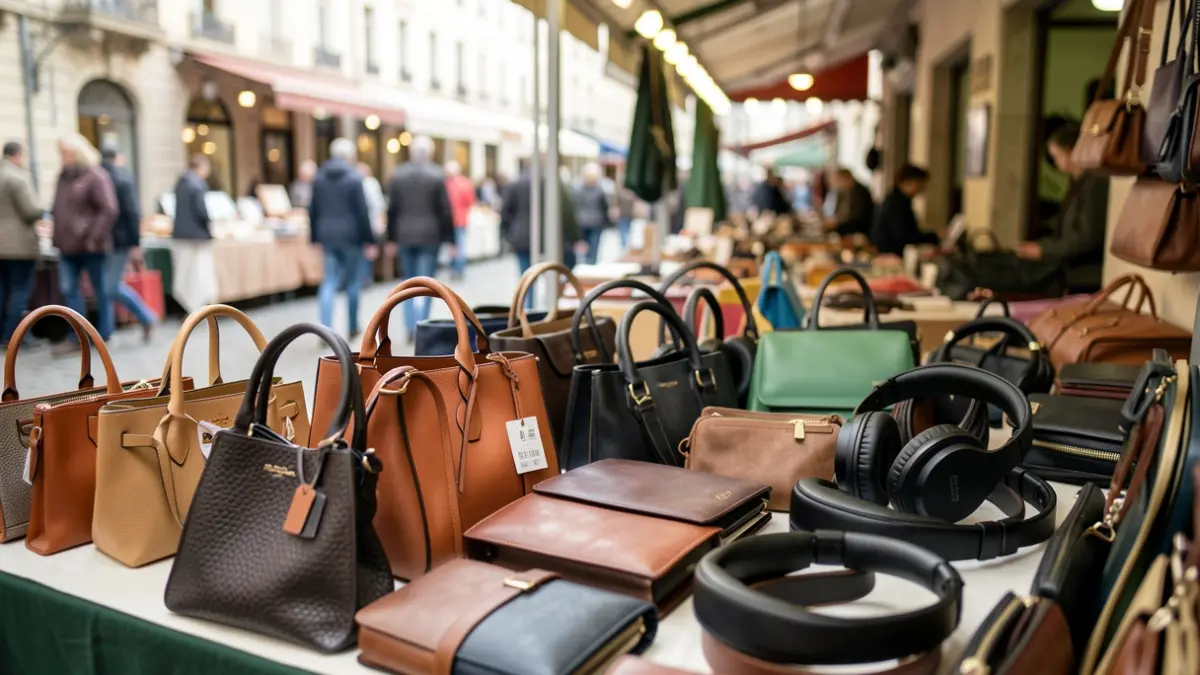 Primer plano de bolsos y auriculares falsificados expuestos en un puesto de mercadillo.