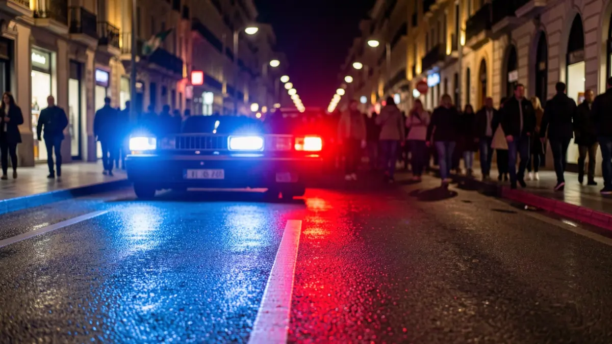 Imagen genérica de luces de emergencia policiales reflejadas en el asfalto durante la noche.