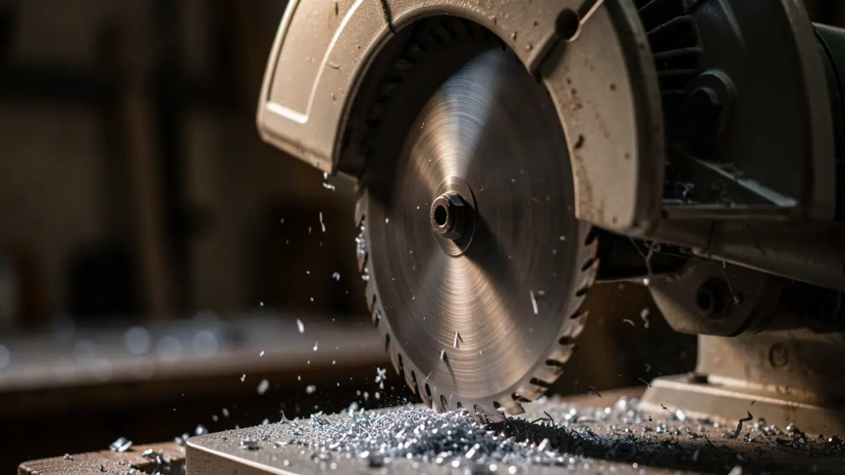Primer plano de una hoja de sierra radial con virutas metálicas.