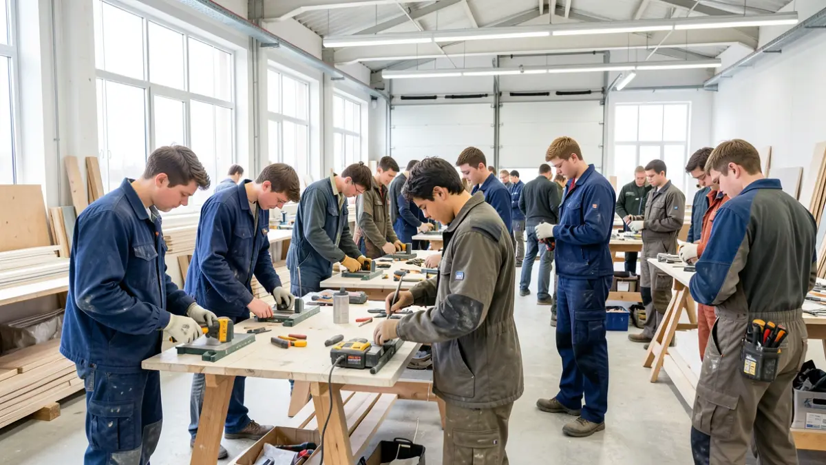 Jóvenes desempleados formándose en el sector de la construcción en un taller.
