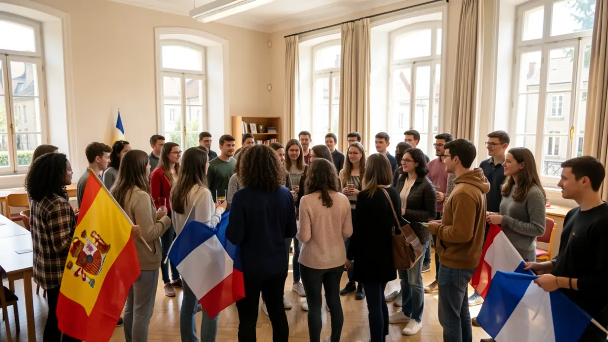 Imagen genérica de un grupo de jóvenes diversos en un salón de plenos municipal, simbolizando un intercambio cultural.