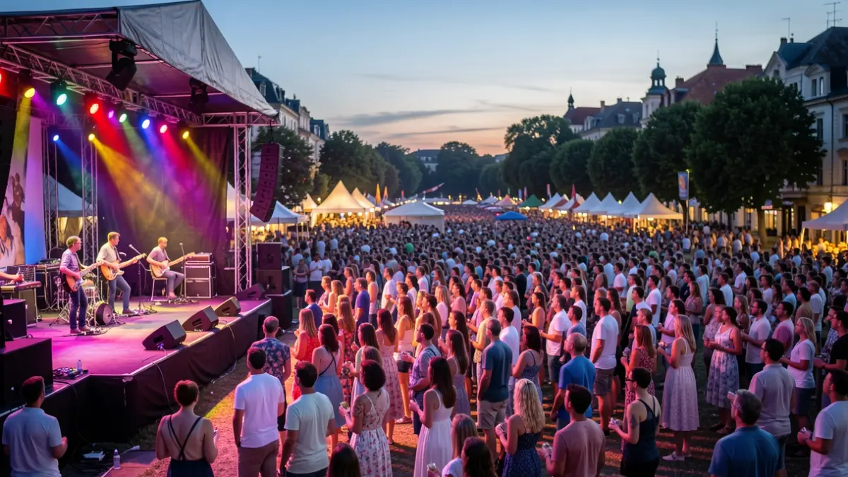 Imagen genérica de un festival de verano al aire libre con un escenario iluminado y público difuminado.