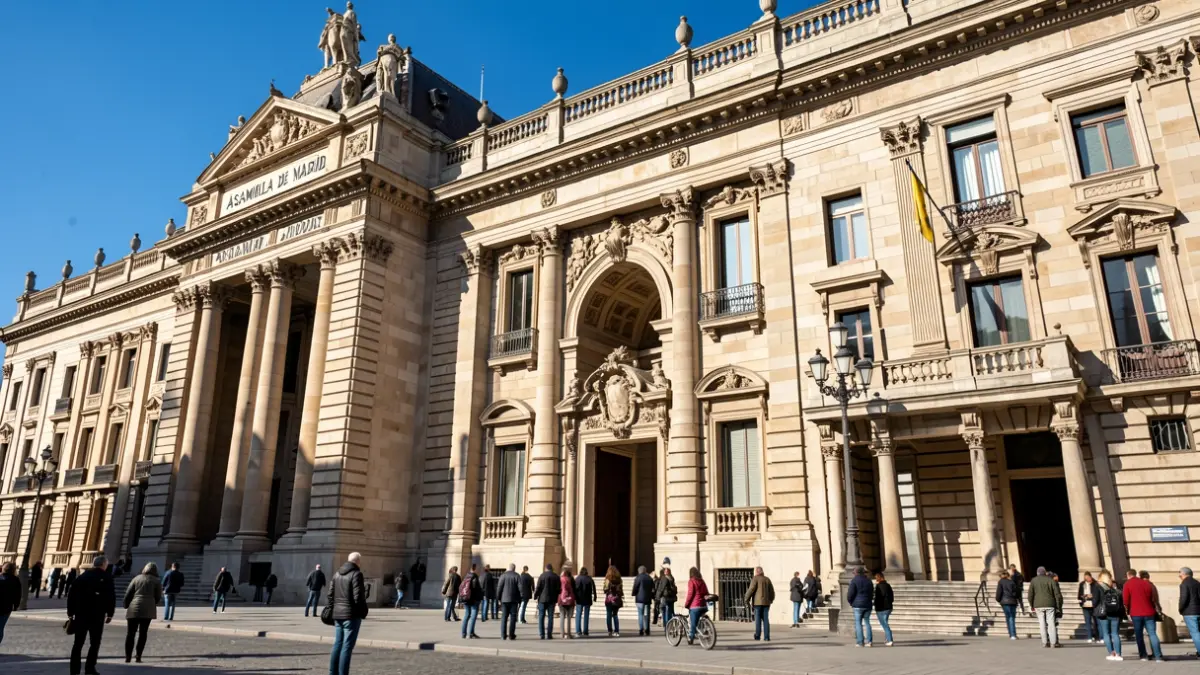 Facade of the Asamblea de Madrid building with architectural details.