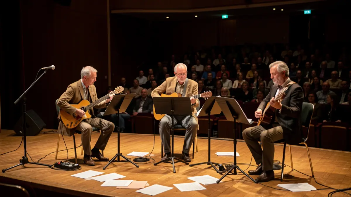 Escena de tres músicos en un escenario con atriles y partituras desordenadas, representando la imperfección y la complicidad.