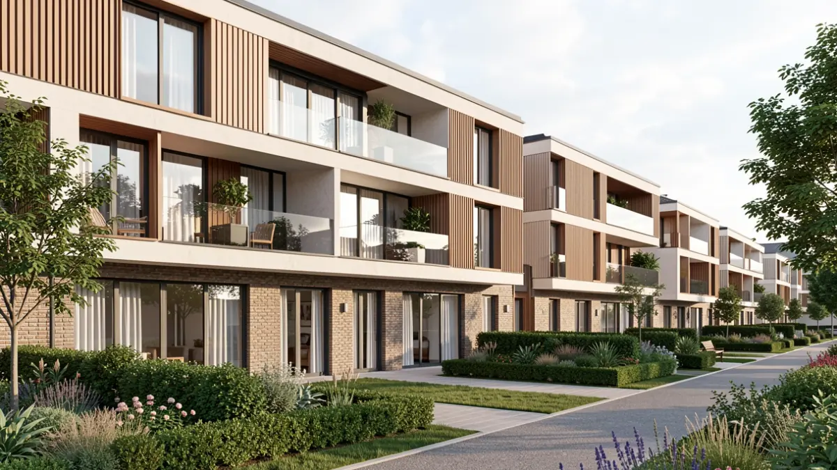 Image of a modern building with garden areas in the Valdebebas neighborhood.