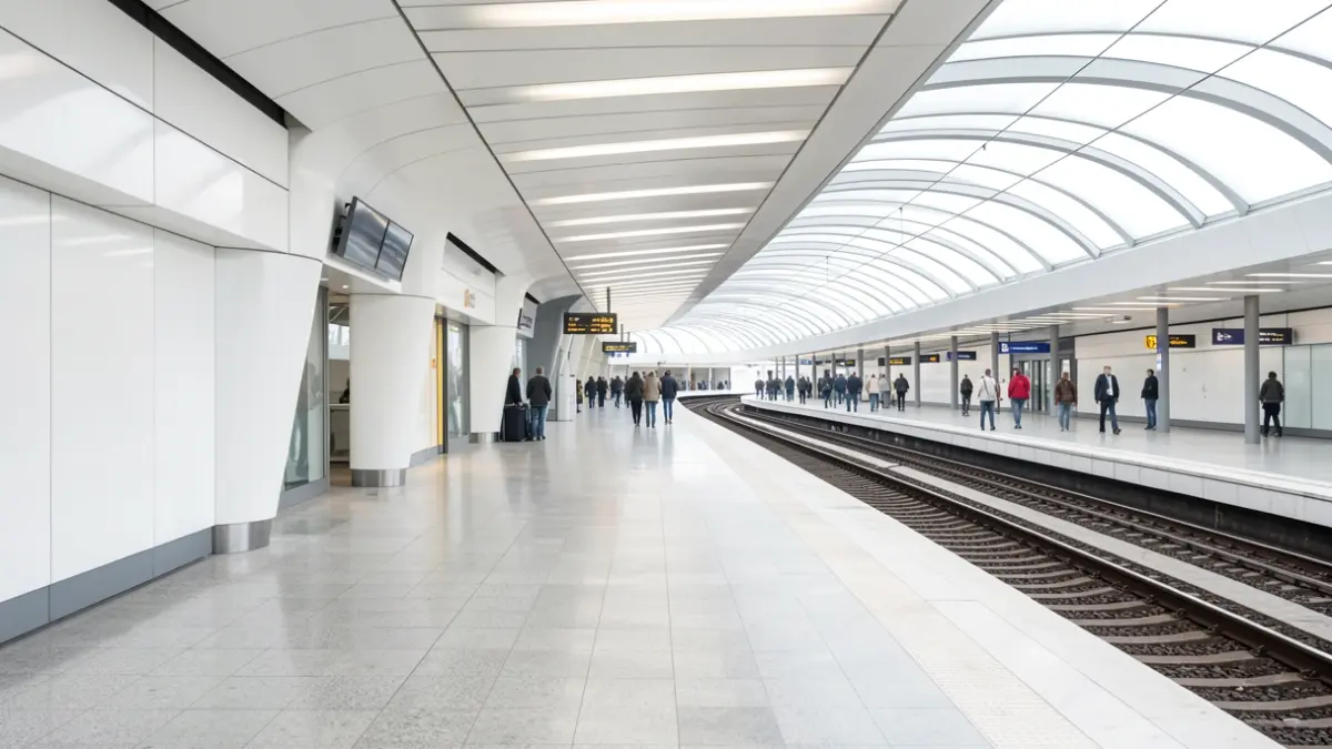 Generic image of a modern, empty metro station in Madrid, with tracks disappearing into the distance.