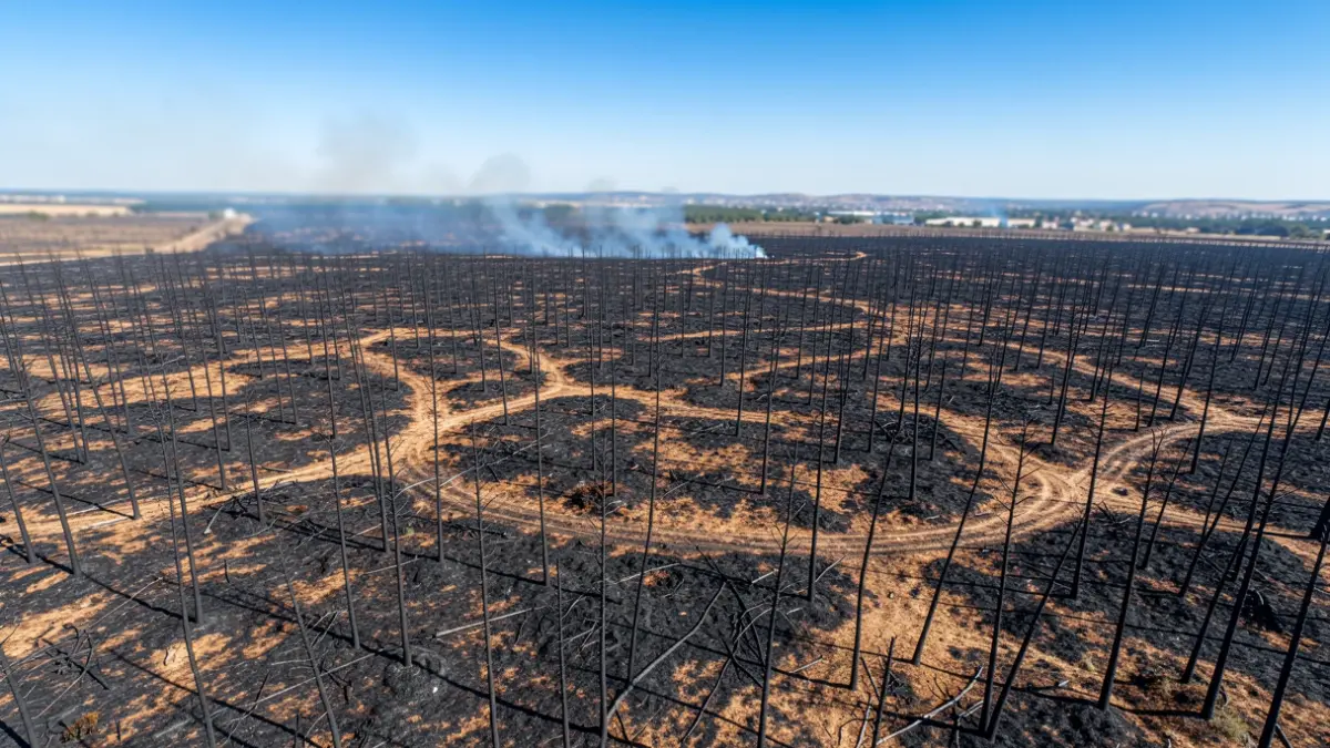 Aerial view of a landscape scorched by forest fires in the Comunidad de Madrid, with recovery efforts underway.