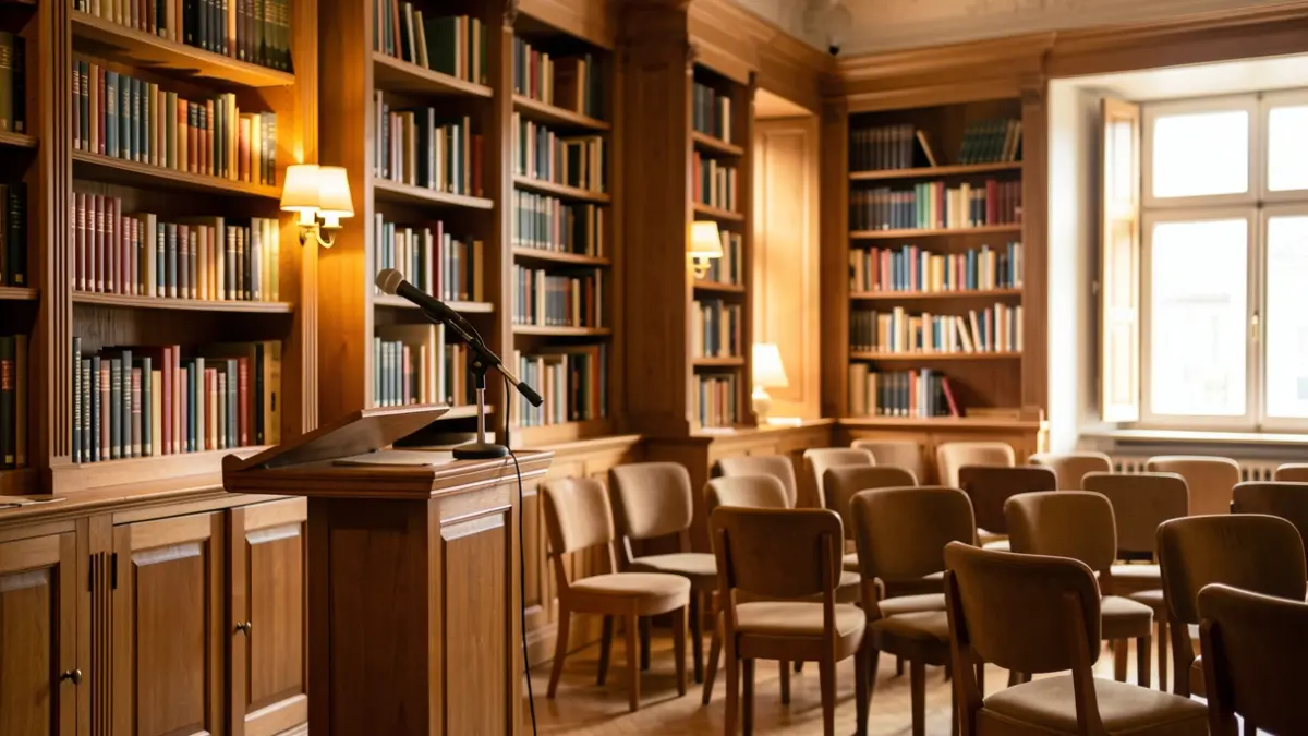 Generic image of a conference room with empty chairs and a podium.