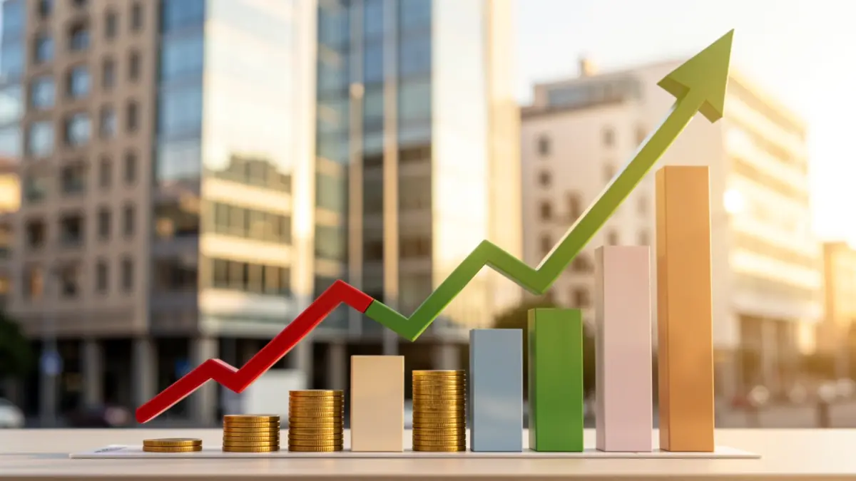 Gráfico económico con monedas y edificios de oficinas de Madrid al fondo.