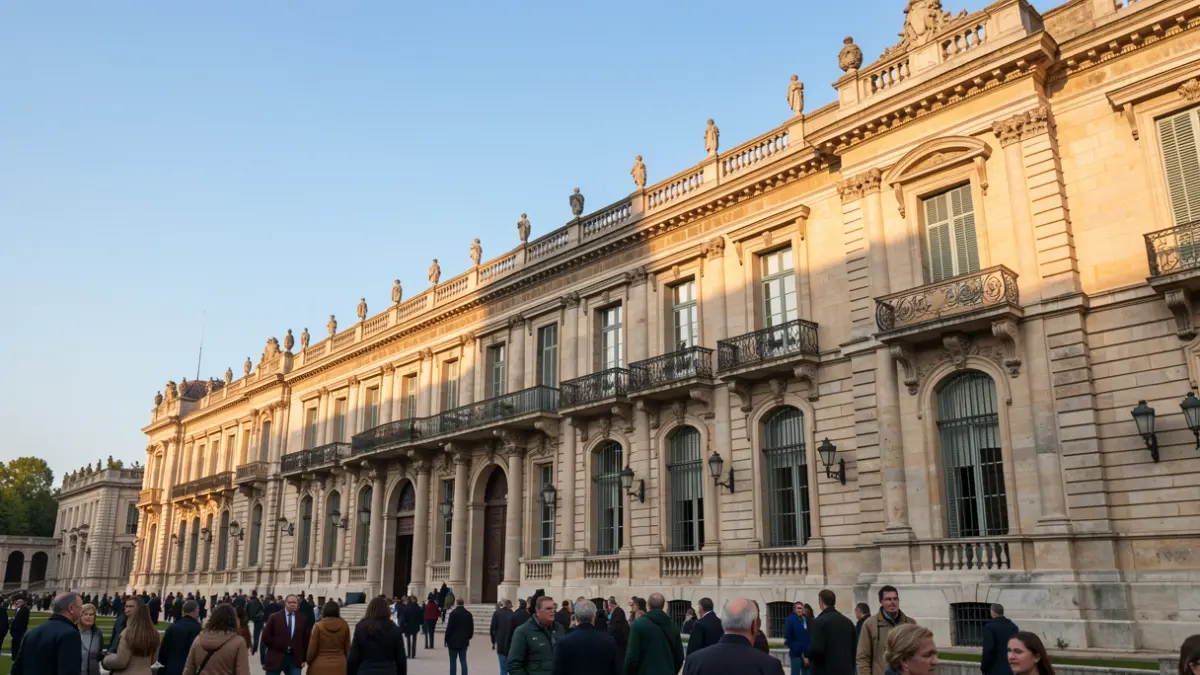 Fachada del Palacio Real de Aranjuez con arquitectura clásica y balcones ornamentados.