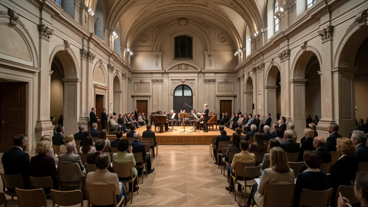 Interior of a museum hall prepared for a musical performance.