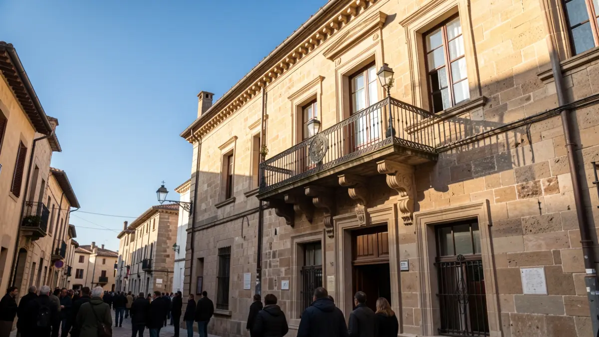 Fachada de un ayuntamiento histórico con balcón y barandillas de hierro, bajo la luz del sol de la tarde.