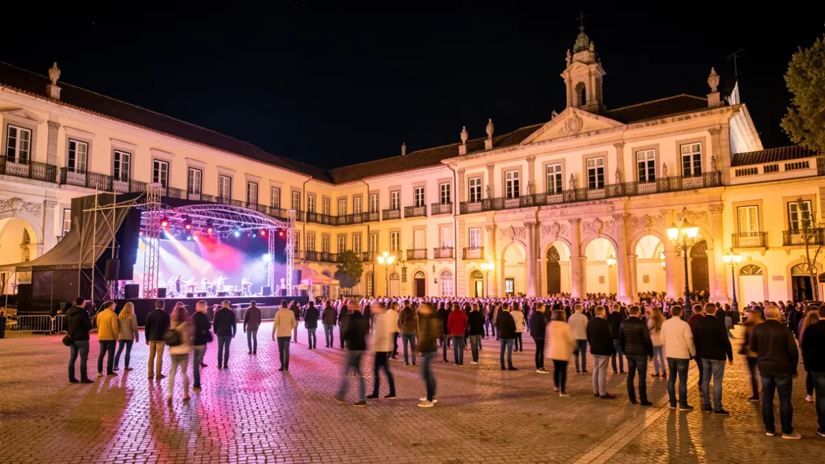 Generic image of a festive night in Aranjuez with concert lights and a celebratory atmosphere.