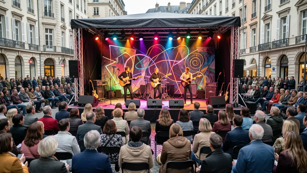 Scene from a contemporary chamber opera festival in an unconventional space, with the audience surrounding the stage.