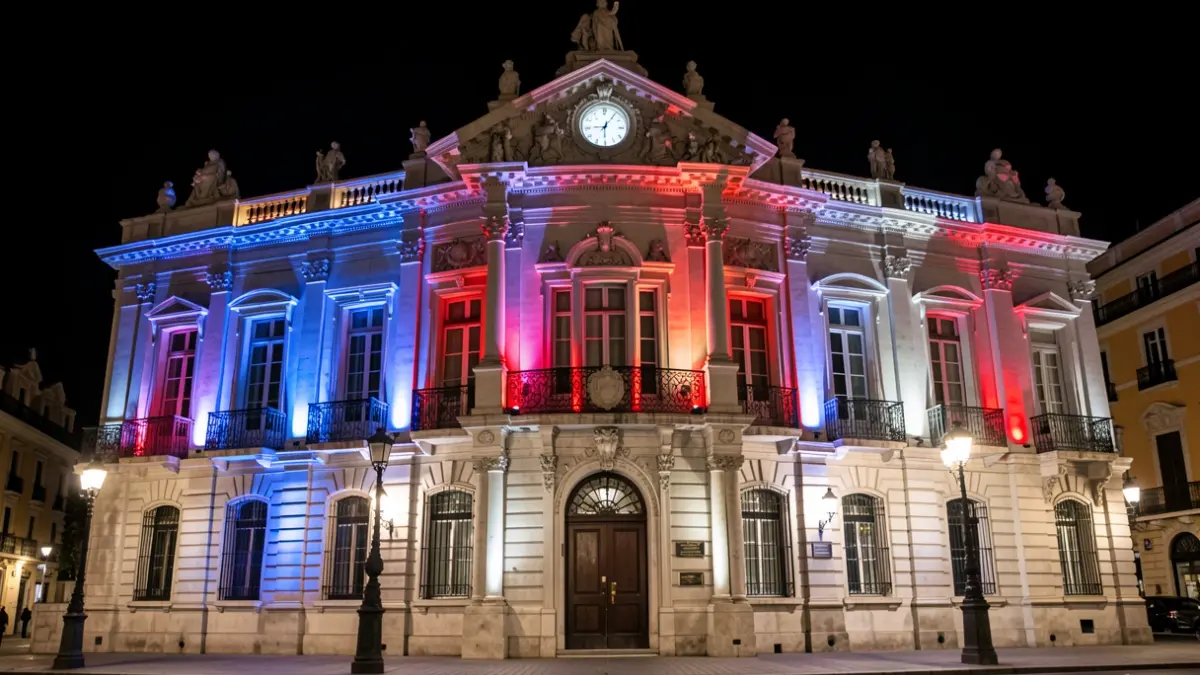 Facade of the Real Casa de Correos illuminated with the colors of the United States flag.