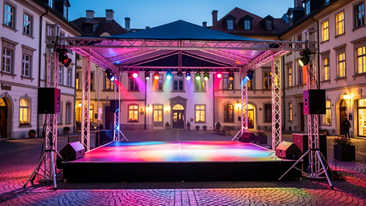 Escenario al aire libre en una plaza de pueblo al atardecer, con luces de colores y edificios tradicionales al fondo.