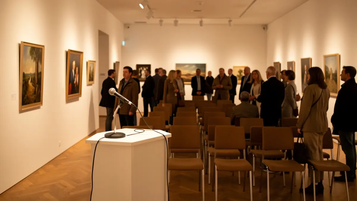 Interior de una sala de exposiciones con iluminación cálida y ambiente cultural.