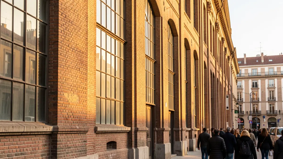 Facade of a historic industrial building in Madrid with afternoon light.