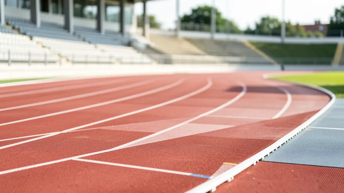 Pista de atletismo moderna y vacía en un complejo deportivo con gradas difuminadas al fondo.