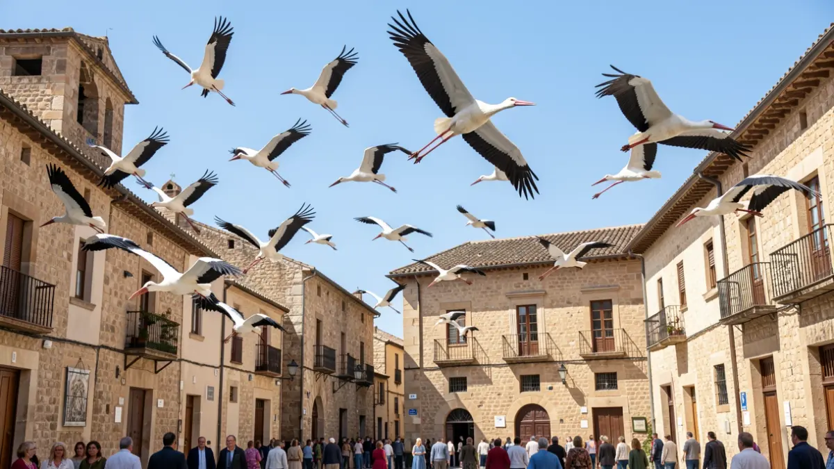 Flock of white storks flying over a historic square in Alcalá de Henares.